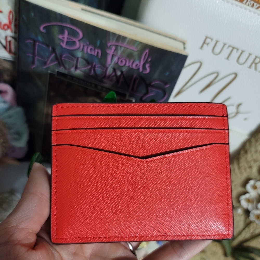 Kate Spade ♠️ Staci Small Slim Card Holder - Bright Melon Red & Silver KSNY Logo - Picture 4 of 11